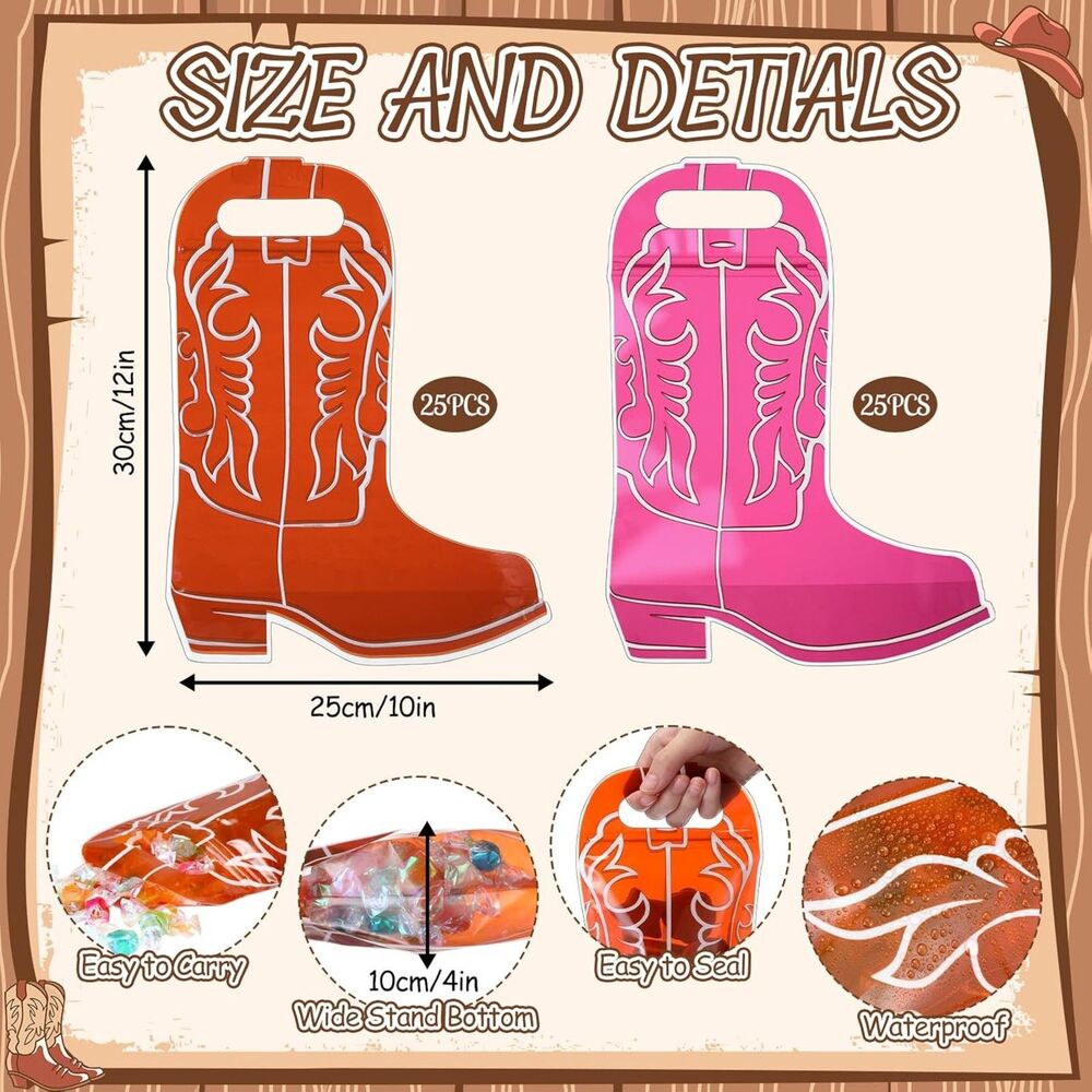 50 Pcs Cowboy Boots Gift Bags Plastic Western Party Goodie Favor Bags Pink Brown